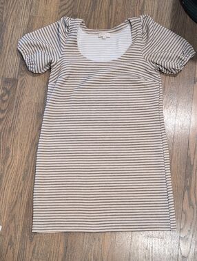 LOFT Beige and White Striped Scoop Neck Puff Sleeve Tunic